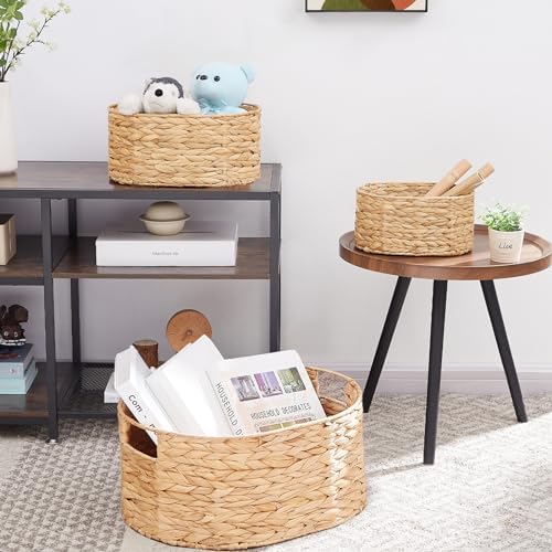 Vagusicc Wicker Basket, 3-Pack Hand-Woven Water Hyacinth Wicker Storage Basket with Handles, Large Woven Storage Baskets