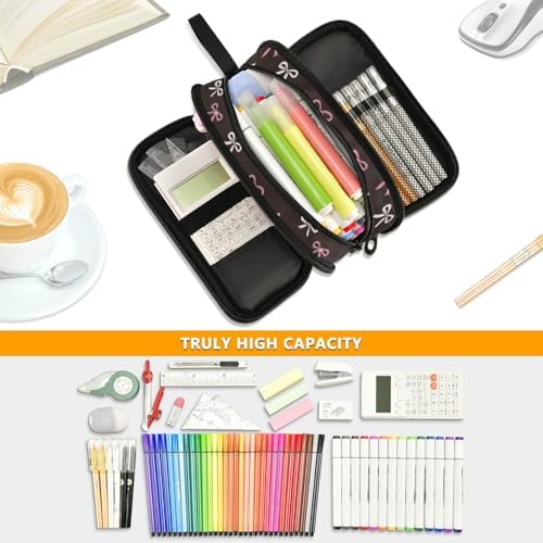 Wfrish Big Capacity Pencil Case for Girl Boy Pink Bows Stars Black Student Pencil bag Pen Pouch Large Stationery 3 Compartments Zippers Organizer School College Office Teens Adults