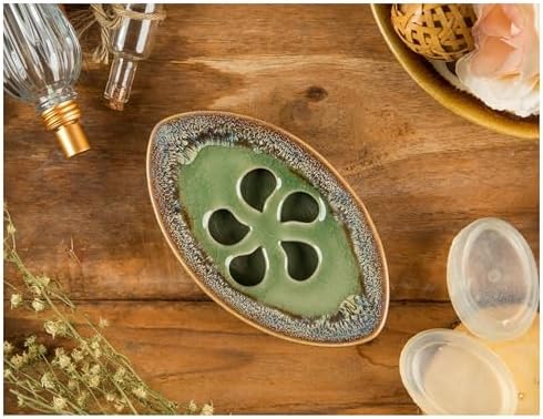 Ceramic Soap Dish with Self Draining Tray for Bar Soap, Bathroom, Kitchen (Green No.3)