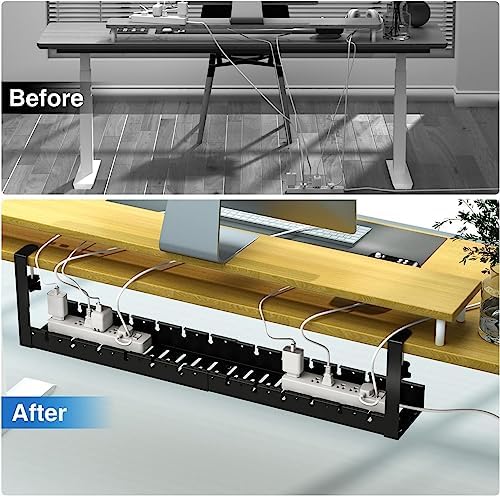 No Drilling Extendable Under Desk Cable Management, Metal Cable Management Tray Under Desk with Clamp, Retractable Power