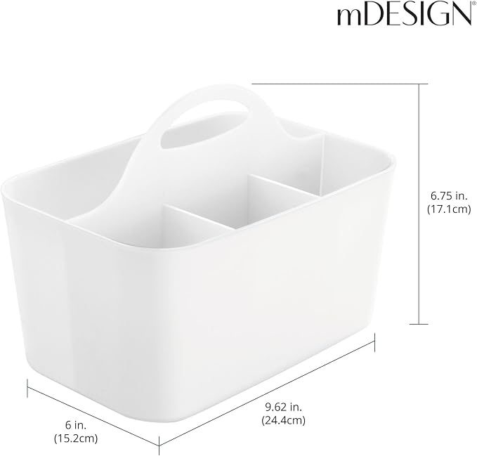 mDesign Plastic Portable Craft Storage Organizer Caddy Tote, Divided Basket Bin w/Handle - Craft, Sewing, Art Supplies - Holds Brushes, Colored Pencils - Lumiere Collection - White, 2 Pack