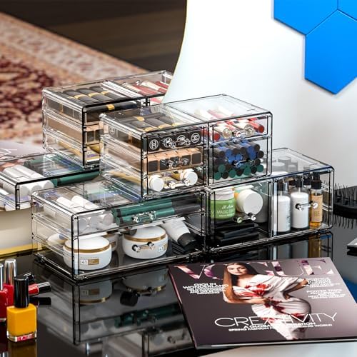 Cq acrylic Clear Stackable Storage Drawers,Plastic Makeup Organizer and Bathroom Storage Bins WIth 9 Drawers For Make up