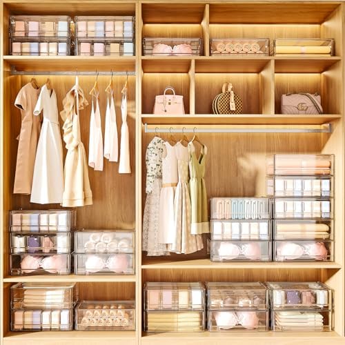 Underwear Drawer Organizer with Dividers, 24 Cell Stackable Sock Organizer for Closet, Plastic Underwear Storage Drawer 