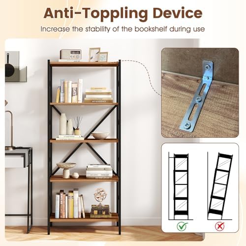 GIANTEX 5-Tier Tall Bookshelf Set of 2, Industrial Bookcase with Heavy-Duty Metal Frame, Modern Storage Book Shelf, Open