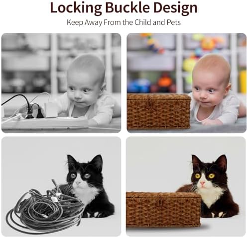 Cable Management Box, Desk Handwoven Rattan Cord Hider Cable Organizer Box With Lid Button Lock, Power Strip Cover Wicke