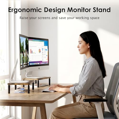 ECOLOVI Adjustable Wood Computer Monitor Stand Riser, Office Desk Organizer and Accessories for Monitor, Laptop, PC, Pri