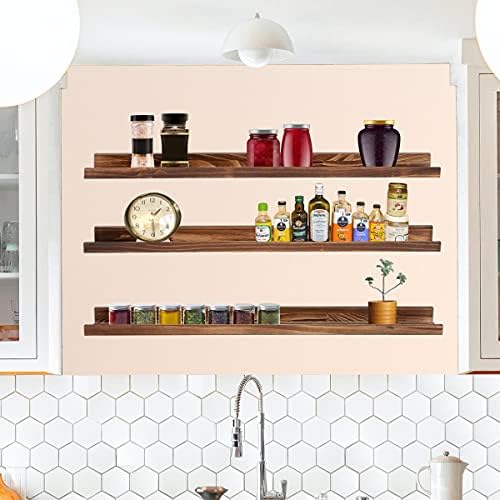 MBYD 48 Inch Picture Ledge Shelf Set of 3, Wall Mount Carbonized Burnt Black Floating Wall Shelves Photo Ledge Natutal P