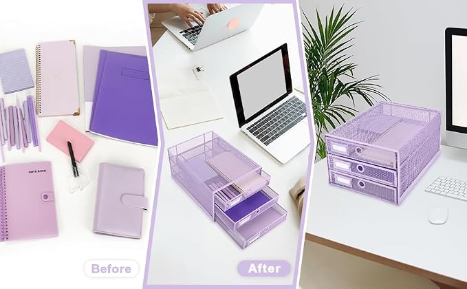 EXERZ Paper Sorter 3 Tier Drawers A4 / Multifunctional Desk Organiser/Letter Tray - Documents, Magazines, Notebooks and Letters - Light Purple