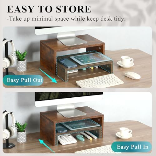 TEAMIX 2-Pack Monitor & Laptop Stand Riser, Wood High-Low Dual Monitor Set