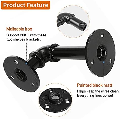 Janyang Industrial Pipe Shelf Brackets for 8 10 12 14 inches Board, Iron L Pipe Floating Shelves, Heavy Duty Metal Shelv
