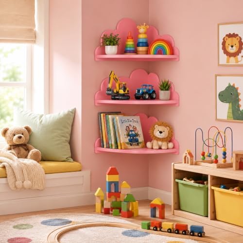 Cloud Corner Floating Shelves, Set of 3 Wall Mounted Shelves, Pink