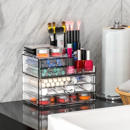 Acrylic Clear Make up Organizers And Storage for Vanity,Bathroom Skincare Organizer With 5 Drawer for Dresser,Plastic De