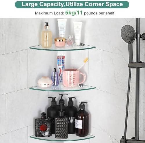 3 Pack Glass Corner Shower Shelves, Tempered Floating Glass Shelves Wall Mount, Shower Caddy Organizer, Bathroom Corner 
