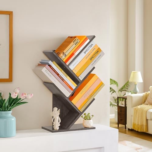 Hoctieon 4 Tier Tree Bookshelf, 4 Shelf Bookcase, Free Standing Tree Bookcase, Display Floor Standing Shelf for Books, B