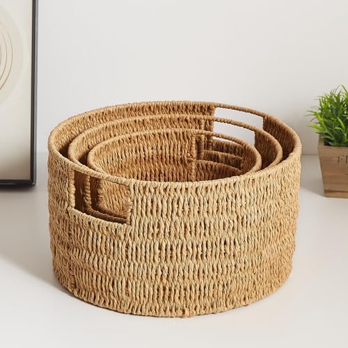 Vagusicc Wicker Storage Basket, Hand-Woven Paper Rope Large Round Woven Basket With Handles, Wicker Baskets for Organizing/Storage, Natural, 3-Pack