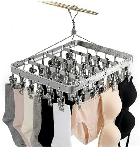 Pants Hanger Clothes Drying Racks Clip Hangers Metal with 36 Clips Windproof Hook Underwear Hanger Foldable Laundry Clip for Socks Bras (Silver)