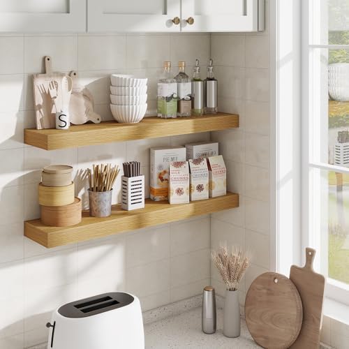 Fun Memories Bathroom Shelves 32 Inch Long Set of 2, Floating Shelves for Wall with Invisible Brackets, for Bedroom, Liv