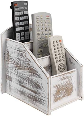 MyGift Whitewashed Wood TV Remote Control Holder with 3 Compartments