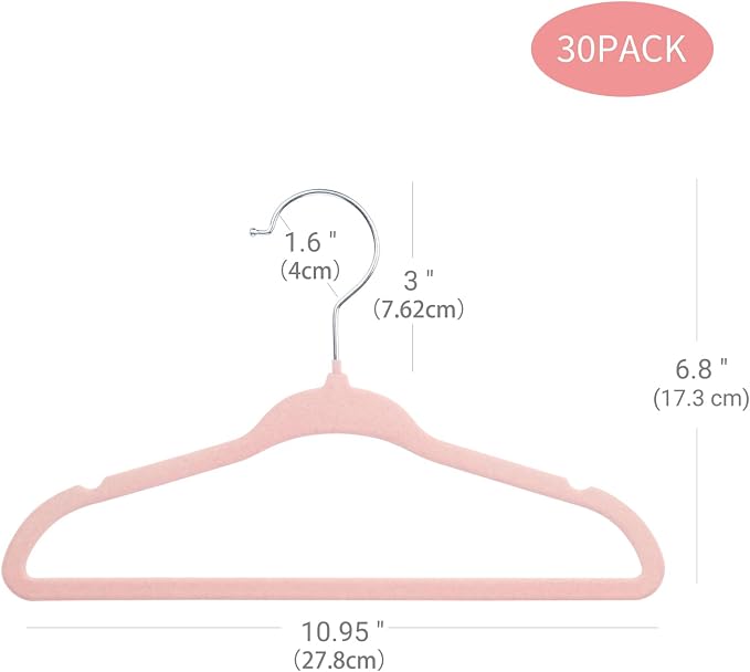 ManGotree Velvet Baby Clothes Hangers, Baby Toddler Kids Hangers with Swivel Hook, Notched Shoulder Design for Kids and Children Clothes (30 Pack, Light Pink)