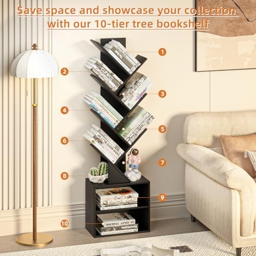 SHEEPAM 10-Tier Tree Bookshelf Floor Standing Narrow Space Storage Bookcase