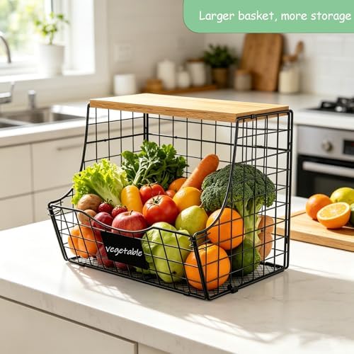 3 Pack wire Fruit Basket for Kitchen with Wood Lid - Counter&Wall Mounted Onion and Potato Storage with Nameplate, Hangi