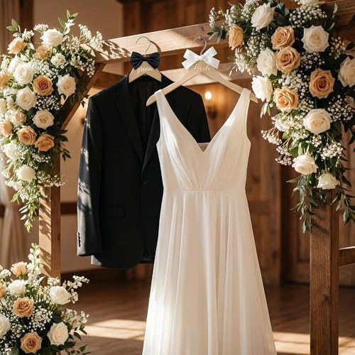 2 Pcs Bride Hanger for Wedding Dress, Bride and Groom Wooden Wedding Hangers Set, Dress and Suit Hangers with Bow Ties and Shoulder Notches, Bridal Shower Gifts Photography Props