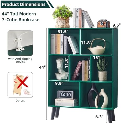 LEYAOYAO Cube Bookshelf, Mid-Century Modern Book Shelf with Legs,Dark Green