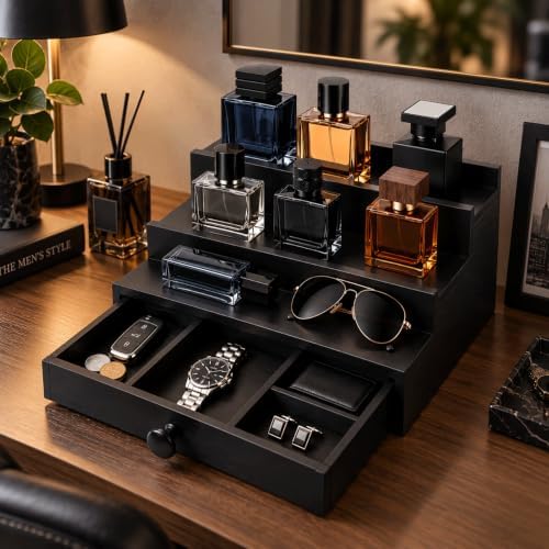3 Tier Men's Cologne Organizer, Black Wooden Display Stand with Drawer