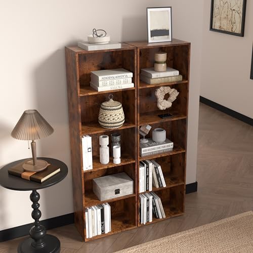 Wooden 5 Cube Storage Organizer, Vintage Brown 5 Tier Bookcase Bookshelf Freestanding Storage Display Organizer,Versatil