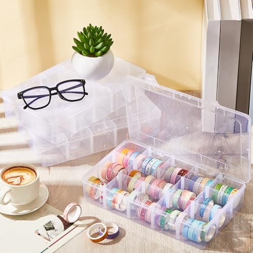 Leinuosen 3 Pack Clear Washi Tape Organizer Storage 15 Grids Plastic Organizer Box Adjustable Dividers for Jewelry, Wash