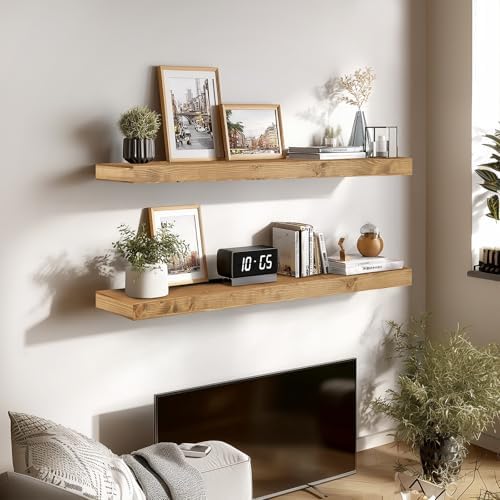 Floating Shelves, 48 Inch Wall Mounted Shelves, Set of 2, Oak