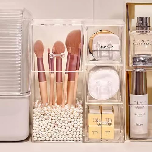 ShellKingdom Makeup Brush Holder,Clear Cosmetic Brushes Organizer With Drawer for Storage Brushes with Lid and Pearl for