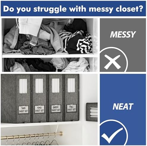 Furnhome Bed Sheet Organizers and Storage 6 Pack, Foldable Linen Closet Organizer Box with Clear Window, Labels & Reinfo