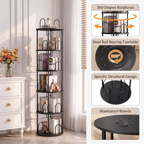 5 Tier Rotating Bookshelf, 360° Spinning Bookshelf Tower, Narrow Corner Book Shelf, Revolving Bookcase Corner Tall Book 