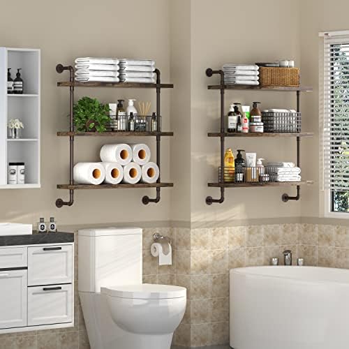 Industrial Pipe Shelf Wall Mounted, Rustic Wood Floating Shelves, 3 Tier Wall Display Bookshelf, Storage Rack Sundries H