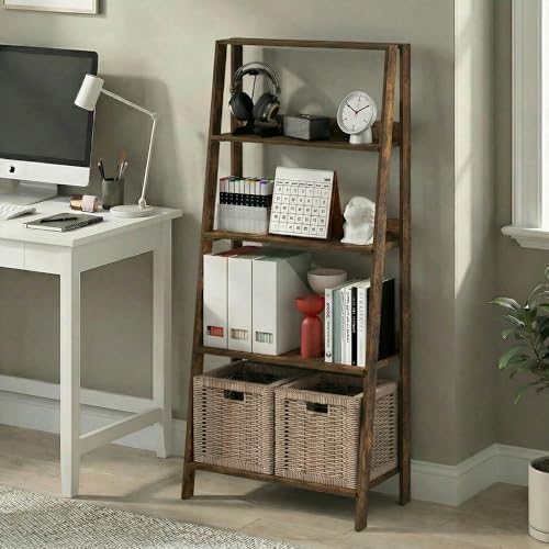 Furinno Ladder 5-Tier Book Shelf, Leaning Standing Shelf, Amber Pine
