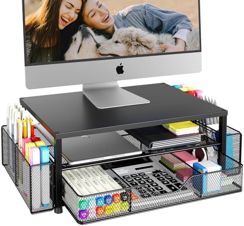 OPNICE Desk Organizer and Accessories, 2-Tier Computer Monitor Stand Riser with Drawer and 2 Pen Holders, Laptop Stand, 
