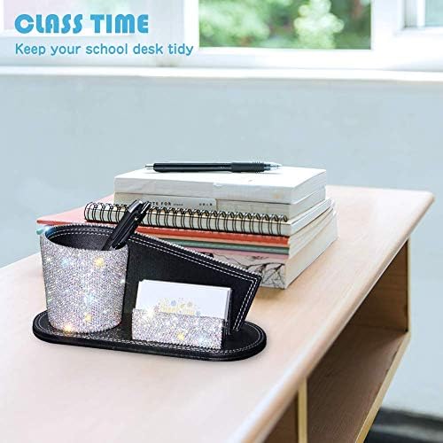 KEYPOWER Pen Pencil Holder Business Name Cards Decorative Bling Crystal Rhinestone PU Leather Gift for Women Girls (White)