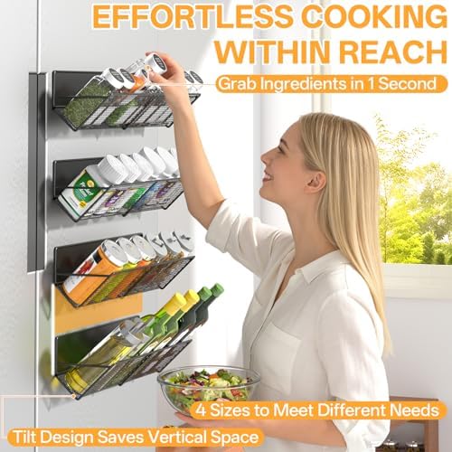 DTUQYX 4 Pack Magnetic Spice Rack for Refrigerator, 45° Tilted Shelf Organizer with Anti-Slip Guardrail, No-Drill Metal 
