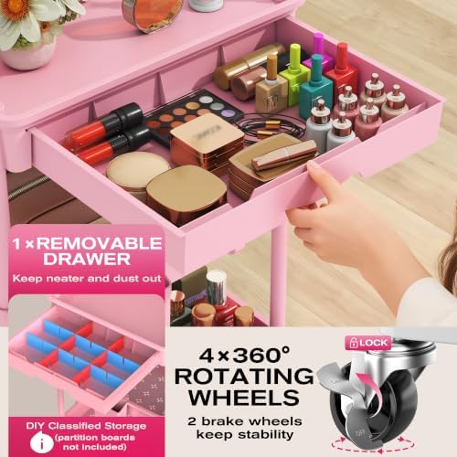 Goovilla Rolling Makeup Organizer Cart with Removable Drawer, 4 Tier Pink