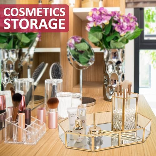 Octagon Vintage Gold Mirror Glass Vanity Tray,Ornate Geometric and Brass Plated Display Storage Organizer for Makeup Bru