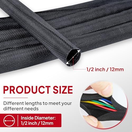Black Braided Cable Management Sleeves Wire Loom Tubing Cord Protector Self-Wrapping (1/2"-20Feet)