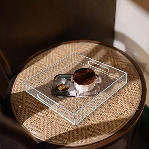 Acrylic Serving Tray (12x12x2Inch) with Handles -Spill Proof- Clear Decorative Tray for Appetizer,Breakfast -Countertop 