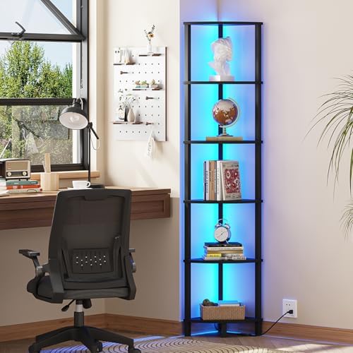 VIMBER 6-Tier Corner Shelf with LED Light, Industrial Corner Ladder Shelf, Rustic Display Shelf for Living Room, Bedroom