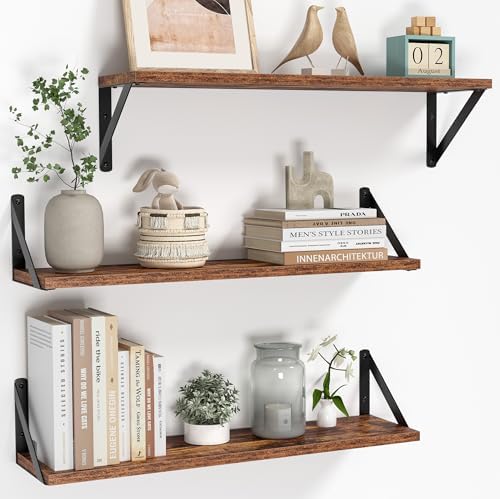 Heimlove Floating Shelves for Wall, 24 Inch Long Wood Floating Shelves Set of 3, Wall Mounted Hanging Shelf for Bathroom
