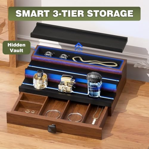 3 Tier Wooden Perfumes Stand with LED Light, Perfume Cologne Organizer for Men, Desktop Parfum Holder Wood Display Shelf