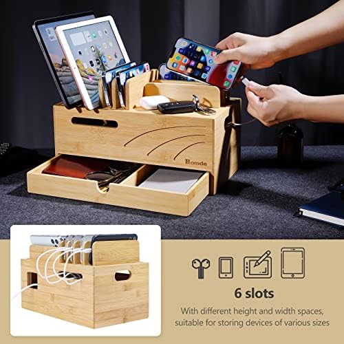 Homde Bamboo Charging Station Organizer: 6 Compartments and Drawer
