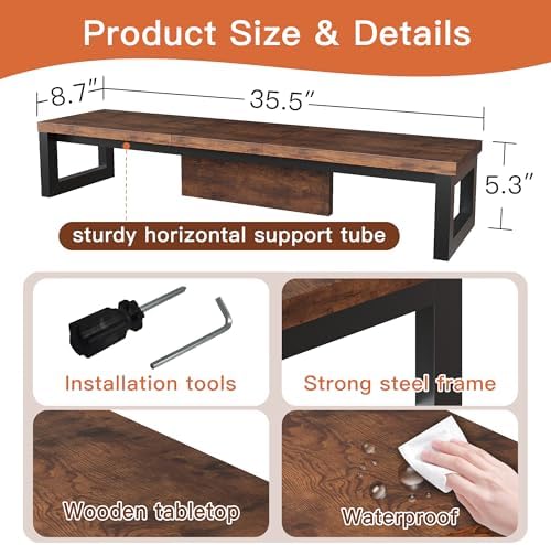 Dual Monitor Stand Riser, Wood and Steel Monitor Riser, Long Computer Monitor Stands for 2 Monitors, Desk Shelf for Comp