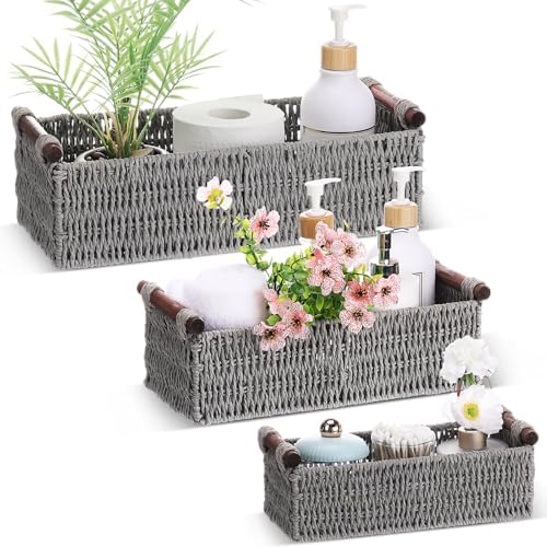 Boao 3 Pcs Boho Storage Wicker Baskets Handmade Woven Decorative Paper Rope Baskets for Organizing with Handle Counterto