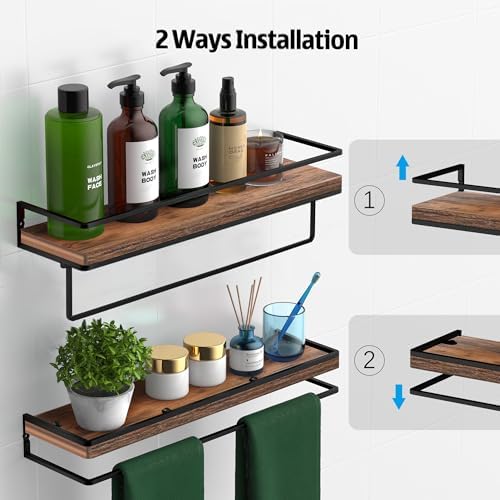 Meangood Floating Shelves Wall Mounted Set of 2, Towel Bar Rustic Wood Wall Storage Shelves for Bedroom,Living Room,Bath